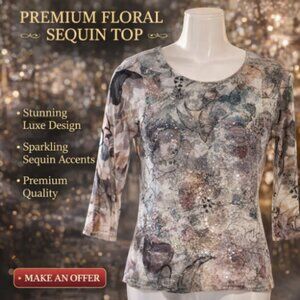 Impulse California Sequin Sparkly Floral Top 3/4 Sleeve Blouse Women's Small